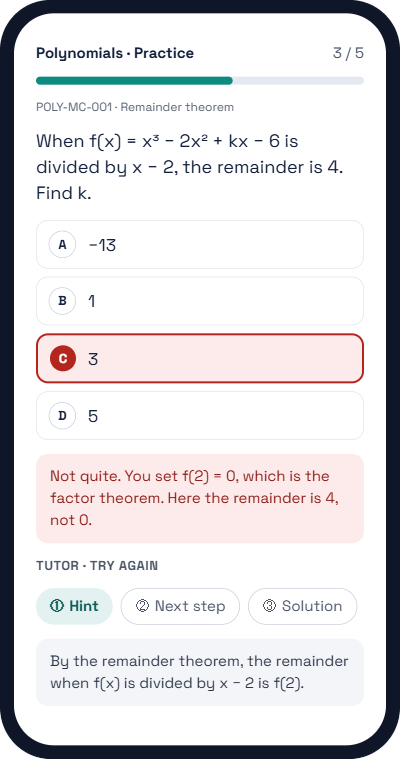 Phone screen of a student-built revision tool: a remainder theorem multiple-choice question, a wrong answer marked in red with feedback, and Hint, Next step and Solution buttons